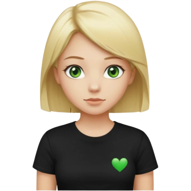 Girl with green eyes, blonde with an even hole with straight hair up to the waist in a black t-shirt emoji