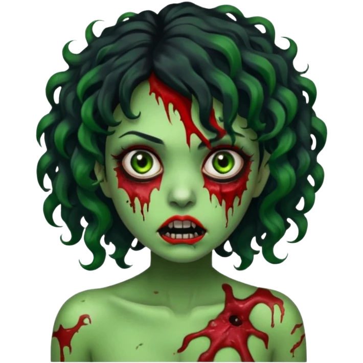 uma mulher com cabelos pretos e mechas vermelhas, cabelos encaracolados, e ela é um zumbi verde com olhos arregalados e marcas de mordidas e machucados pelo corpo  emoji