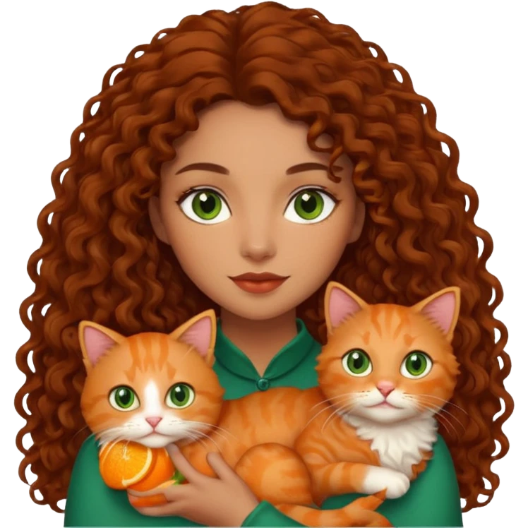 Woman light brown skin long dark curly hair, green eyes, with a cat emoji