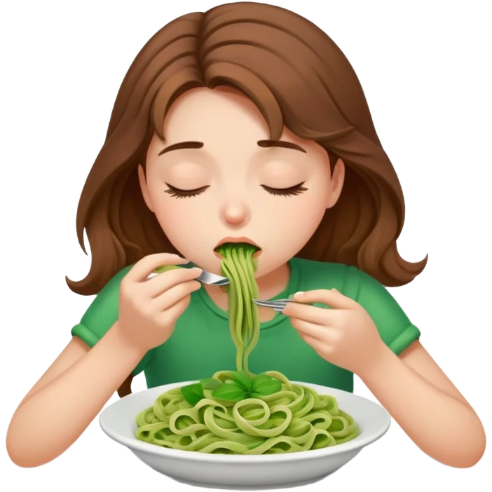 Brown haired girl eating green pasta asleep w drool emoji