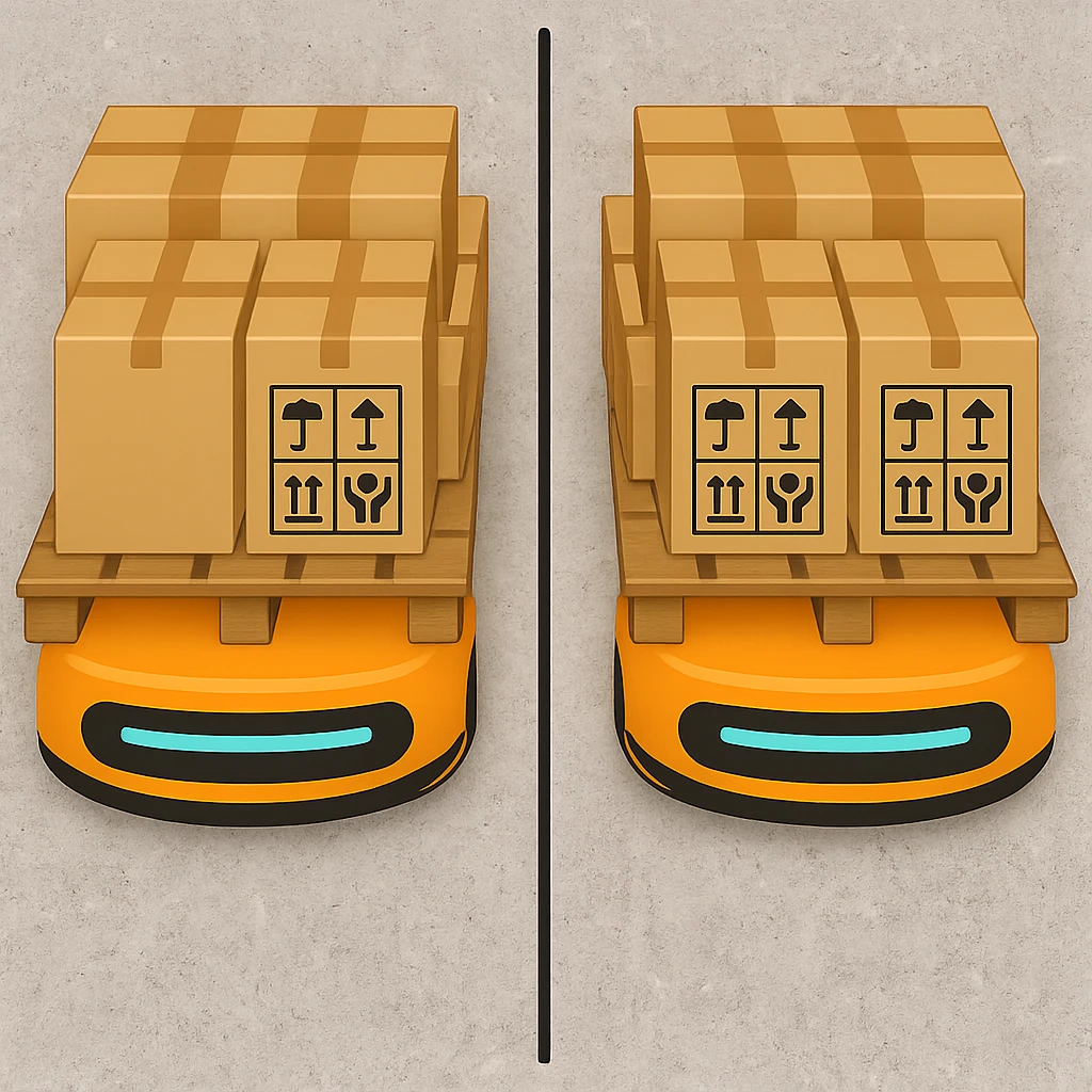 Two Automated Guided Vehicles (AGVs) side by side viewed from above, each fully loaded with pallets carrying many boxes, in the style of Apple emojis. Below the AGVs is a realistic concrete floor with a clear, continuous line running between the vehicles. The rest of the background remains transparent. emoji