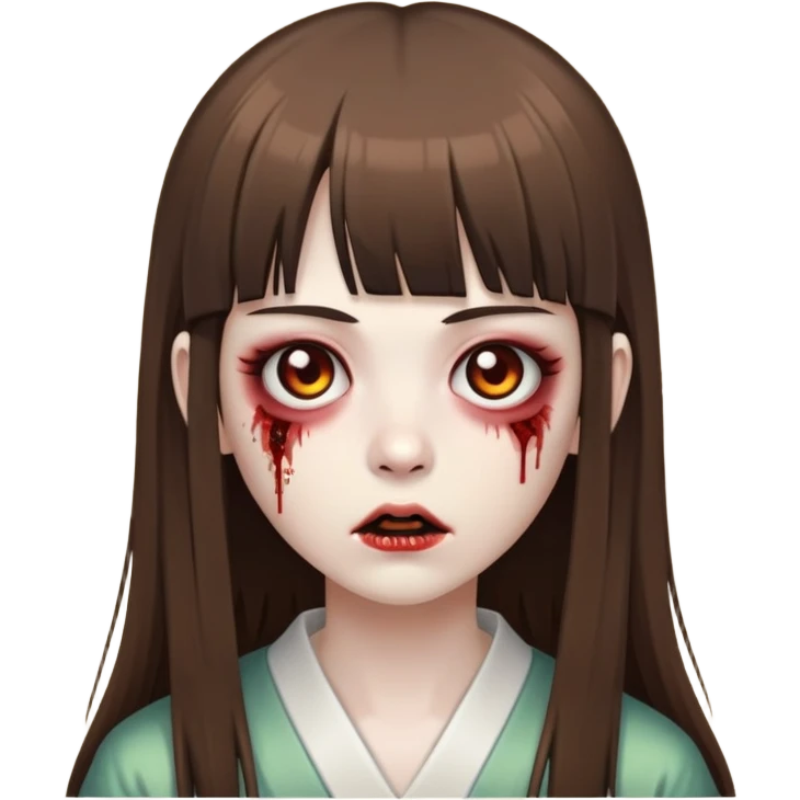 quero que voce crie uma foto baseada nesse emoji 🧟‍♀️ mas que seja uma zumbi com cabelo longo e castanho com franja meio japonesa. emoji