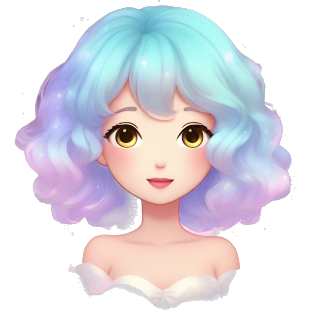 Gorgeous pastel anime style lady blushing nebula gradient sparkle face dreamy idol model colorful shiny stars galaxy kawaii cottagecore pearly petite simplistic aesthetic trending style emoji