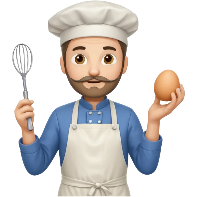 Middle aged male pastry chef - with a small beard, apron, white hat, holding an egg beater in his right hand, and his left hand naturally hanging down to his side emoji
