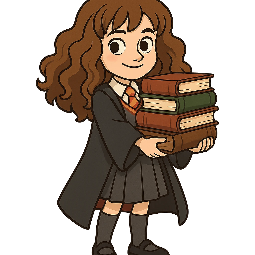 Harry Potter series, cartoon style, Hermione holding a stack of books emoji