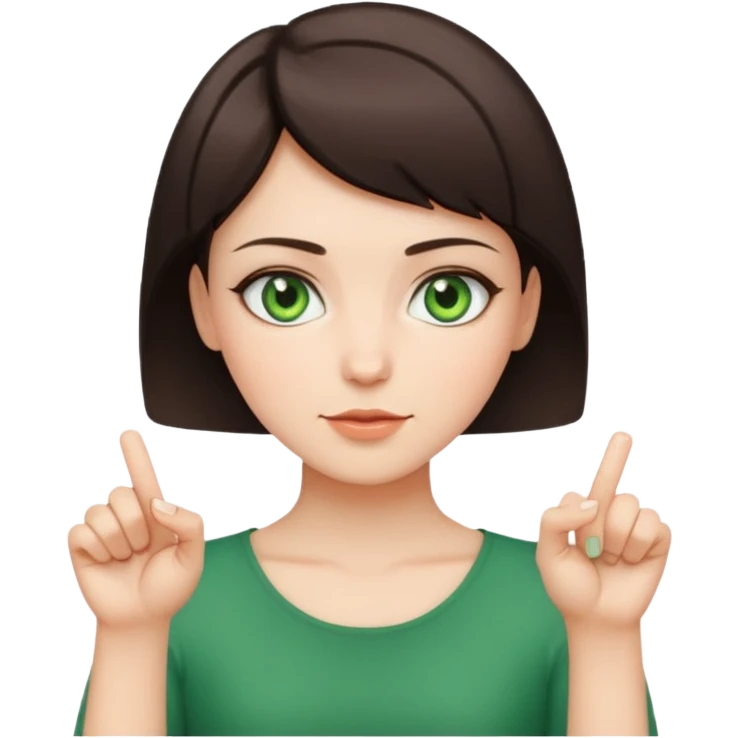 Short haired brunette girl, with green eyes holding middle fingers emoji