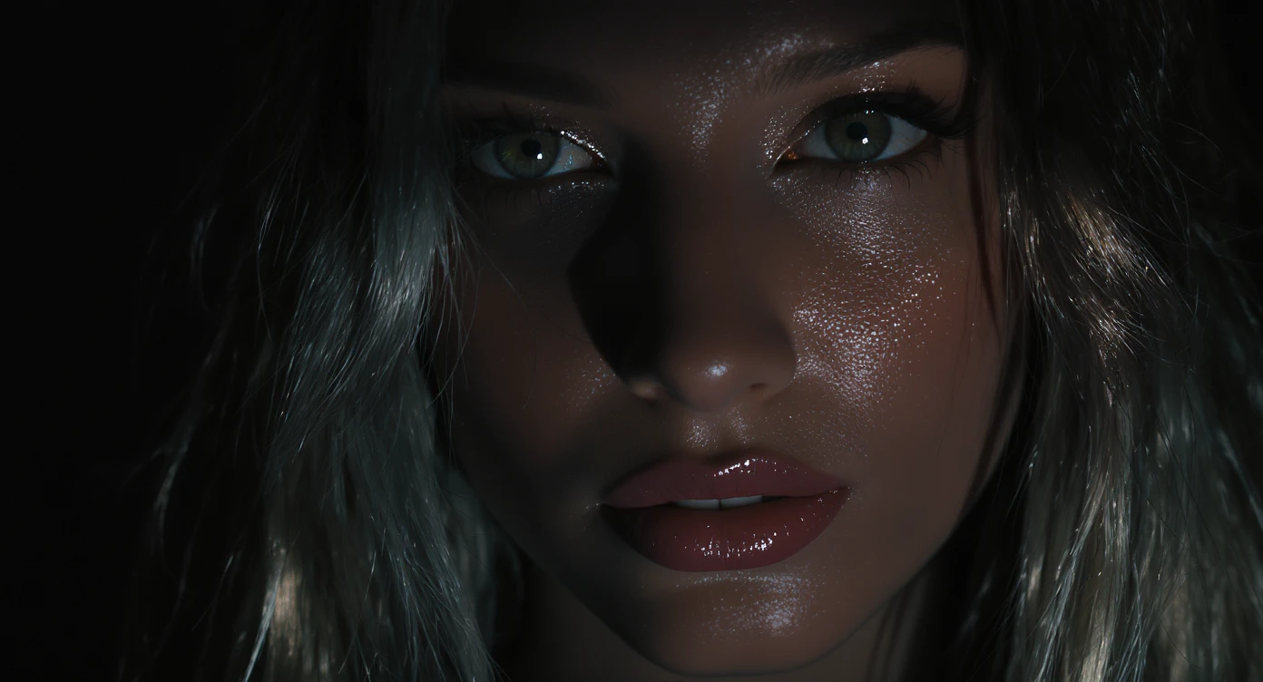 Extreme Closeup photo of a beautifull woman, water light reflection on face, low key light, cinematic light, 8K, very detailed, sharp emoji