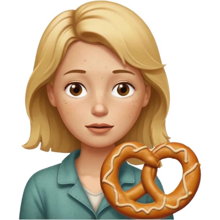 One eye closed, Dirty blond woman, fair skin with freckles,  holding pretzel emoji
