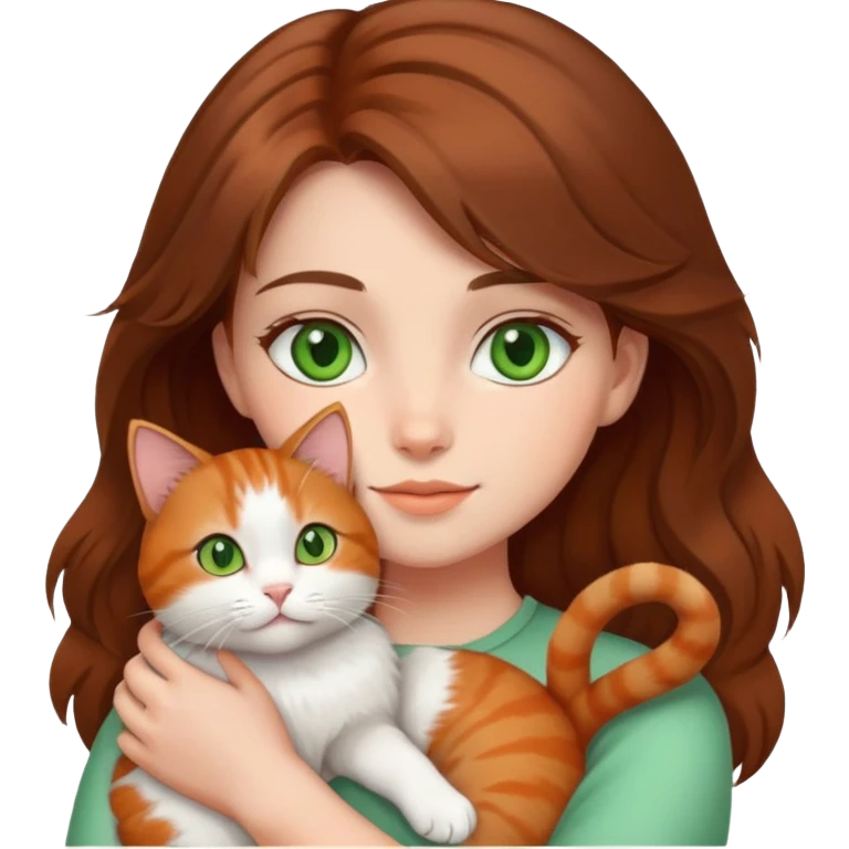 A girl with brown hair and green eyes hold a cat emoji