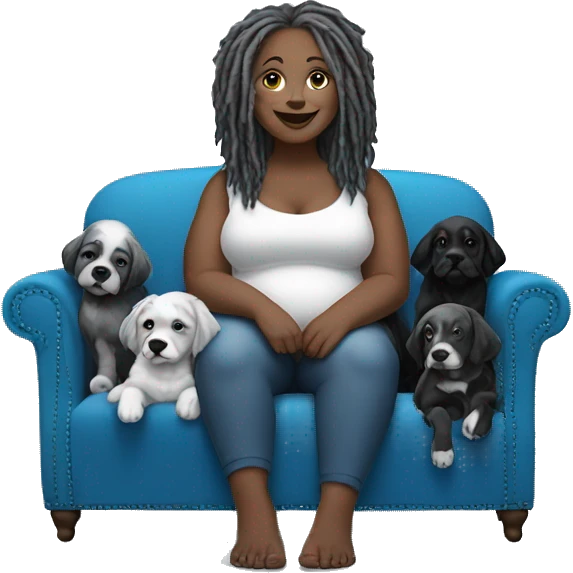 Fair skinned plus sized lady with gray dreadlocks sitting on blue sectional sofa with 9 2 toned black and white puppies  emoji