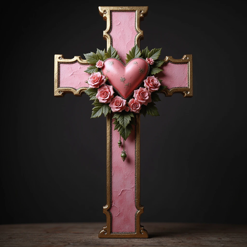 realistic gothic cross, pink and gold, with a heart motif and roses, photorealistic style, no background emoji