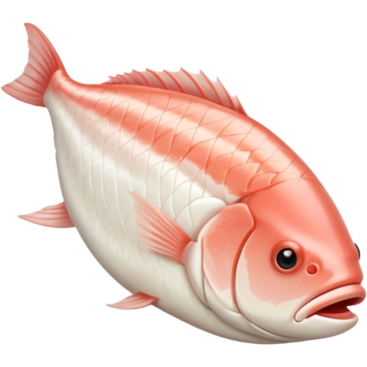 raw white fish fillet boneless skinless pre-cut trimmed natural shape soft curves pale ivory to pinkish-white moist glossy fine muscle grain neat no bones skin head tail no plate seasoning background no faces clean 3D soft shadows transparent background emoji scale emoji