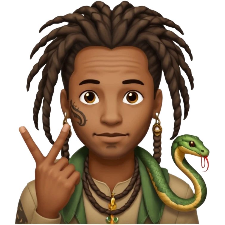 Black man with dreads and snake tattoo on forehead with index finger under his nose  emoji
