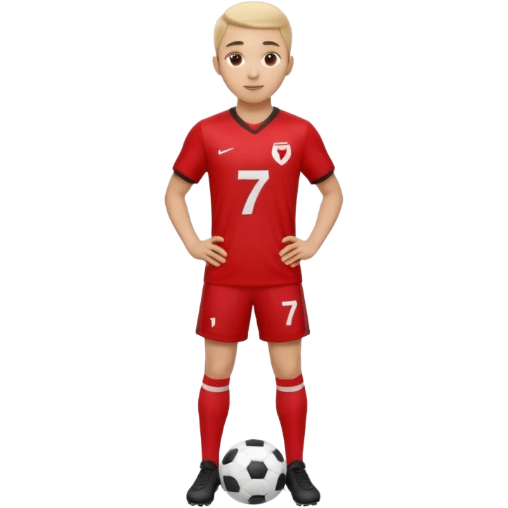 Apple iOS emoji style 20-23 year old soccer player standing hands on waist, red jersey #7, glossy 3D, clean background emoji