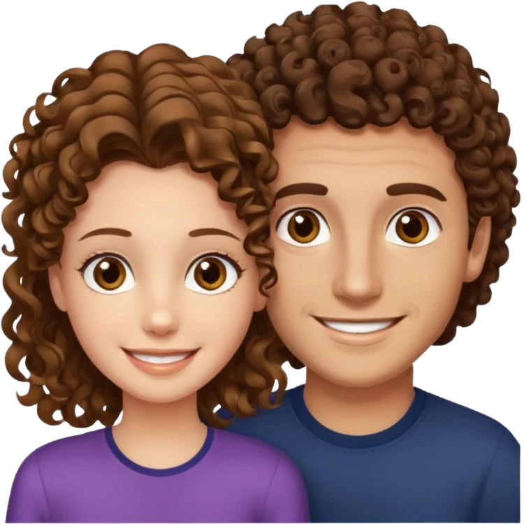 Açık kumral saçlı ela gözlü beyaz tenli erkek ve saçları koyu kahverengi ,kıvırcık saçlı kız yan yana gülümsüyor emoji
