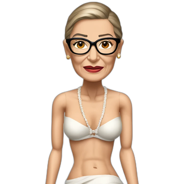 sexy ruth bader ginsburg wearing string bikini top and a skirt acting out that scene from basic instinct sitting facing forward legs apart(full body, ios17, sitting legs spread apart) emoji