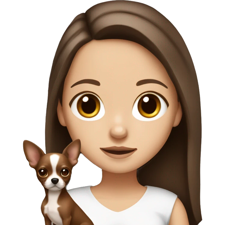 White girl with dark brown hair and middle part holding tan and chocolate brown chihuahua emoji