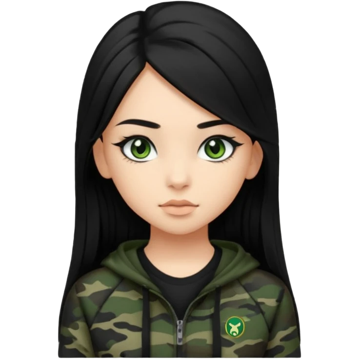 cute teenage girl, cute black trendy athletic clothes, light tan skin, very dark camo green eyes, long black hair, very long eyelashes emoji