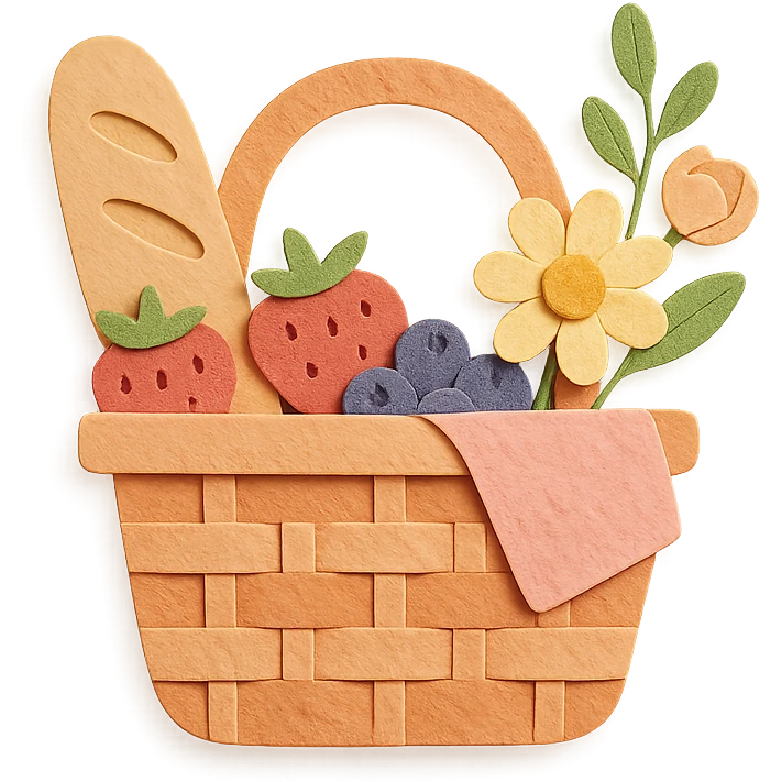 a picnic basket with berries, bread, and flowers, warm pastel shades, paper craft style emoji