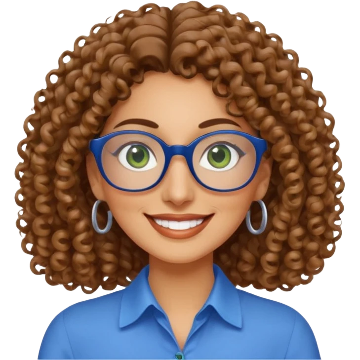 40 yr old Iranian woman, light brown very curly thick hair, shoulder length hair, green eyes, tan skin, big smile, big glasses, with pretty blue blouse emoji