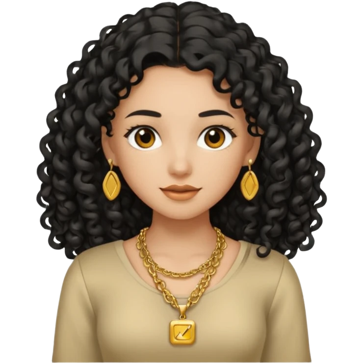 A tan girl with long black  curly hair, a gold necklace, and a square neckline shirt emoji