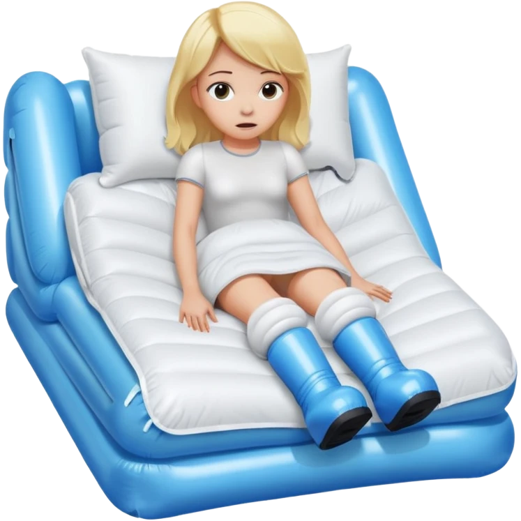chica rubia con cara de miedo con unas botas de presoterapia gigantes inflables tirada en una cama emoji