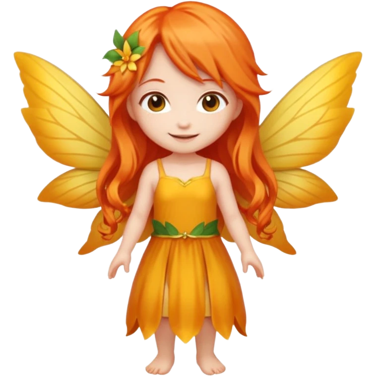 fairy with long orange hair, yellow wings, red dress, happy, chibi full body emoji
