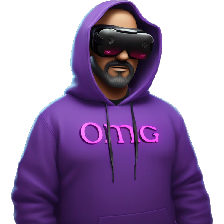 Big Lebowski wearing a black hoodie with "OMG" letters on it and VR headset oculus quest 2 in a cyberpunk VR environment with violet neon lighting. emoji