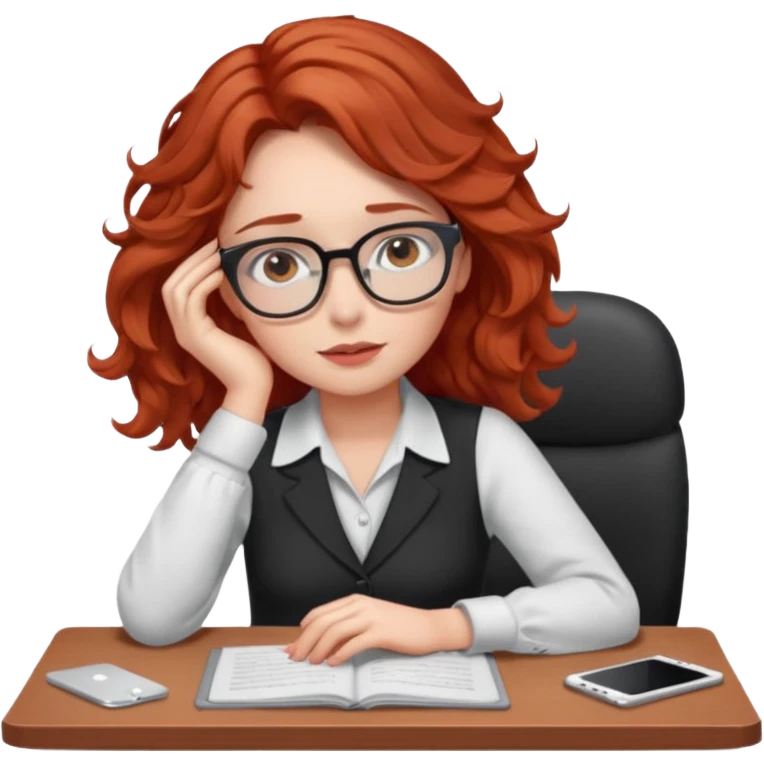 Pretty model, brown eyes, soft red wavy hair, falling asleep at desk emoji