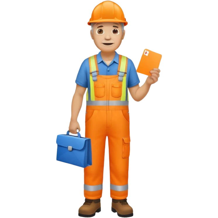 older engineer hi-vis orange overalls full body holding a card emoji