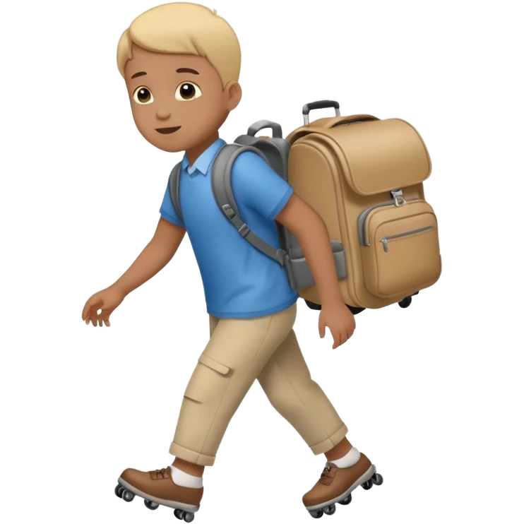 Special needs kid with a rolling backpack. The backpack has wheels and is being rolled behind the kid. The kid is pulling the backpack. Like a suitcase.  emoji