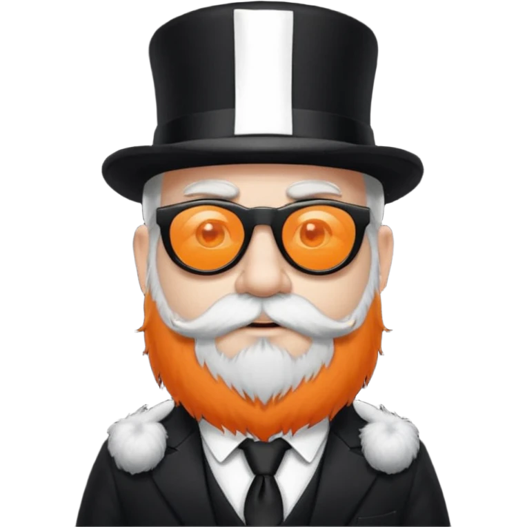 dwarf with a beard, a hairy body black sunglasses and a black top hat on his head. He also has a black tie on his chest. His nose is orange and his skin is pale white. emoji