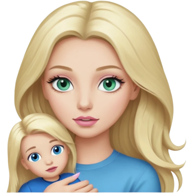 Blonde baddie with long hair Pretty makeup long lashes blue-green eyes ,   light pink lips ,holding 1 little Boy, with blue eyes emoji