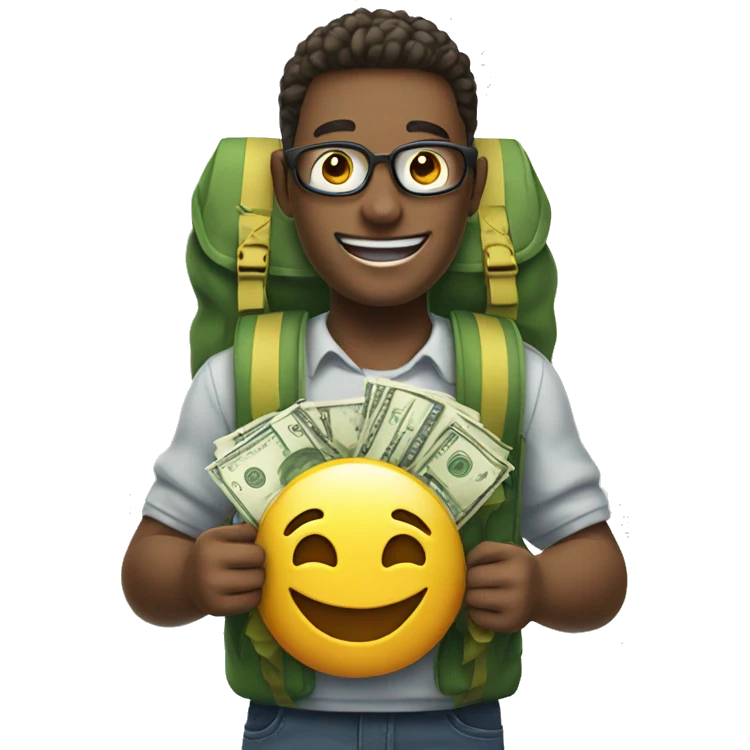 smiling emoji with a backpack and money in hands emoji