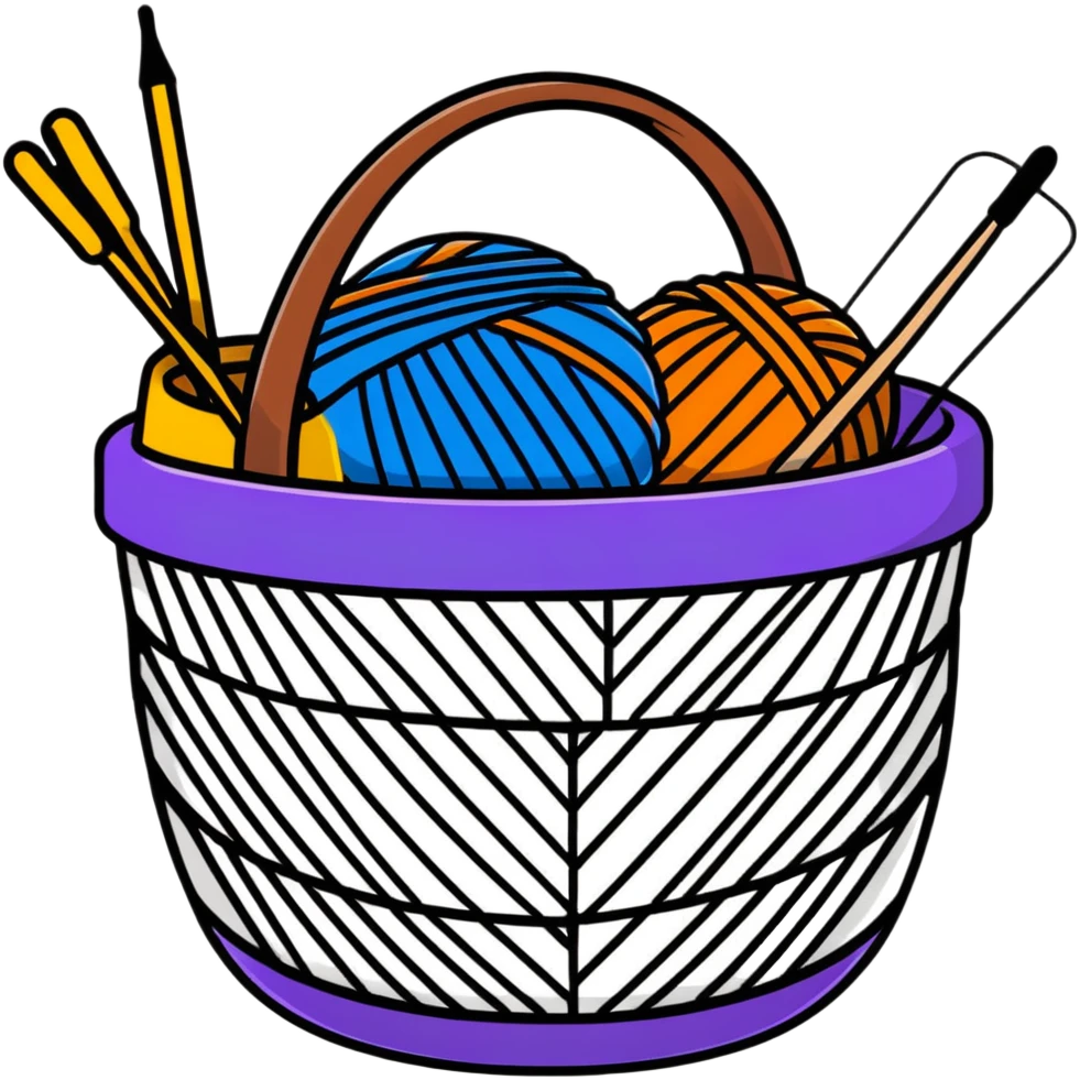 colorful yarn basket with knitting needles emoji