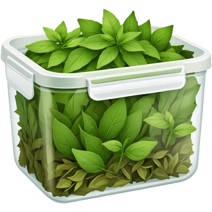small plastic container with green dried herbal leaves which are clumped together emoji