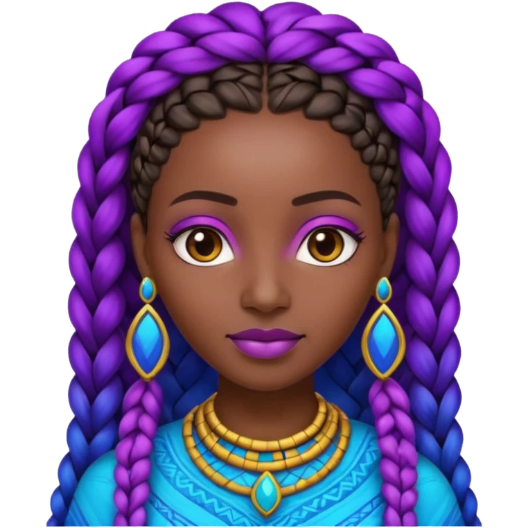 Create me an emoji of a beautiful Ethiopian Queen of Sheba with amazing braids wearing a neon purple and blue gradient African patterns. emoji