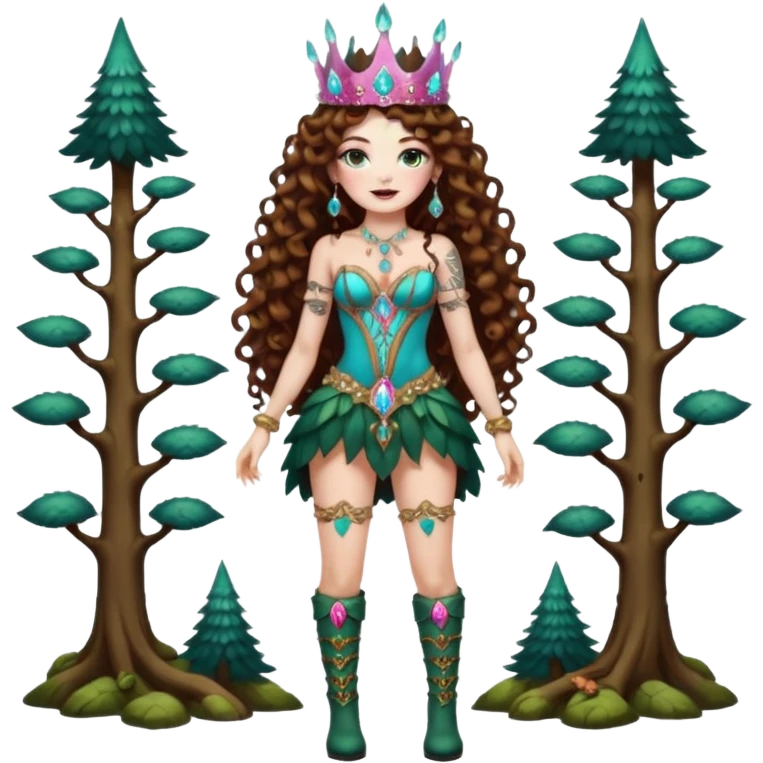 full body view of a woman with long curly brown hair, brown eyes, white skin, tattoos, wearing a crystal crown and thigh-high boots, psychedelic forest empress pose emoji