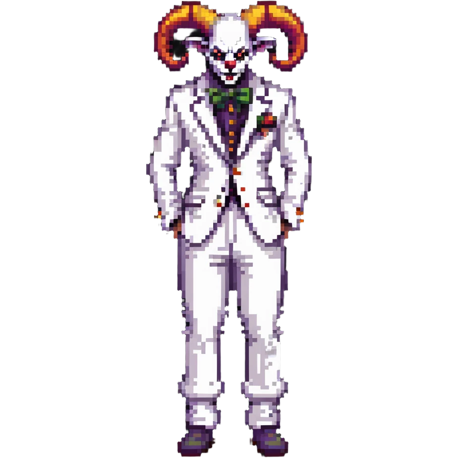 full-body demonic clown in a white leisure suit with bellbottom pants, bald, with black ram horns emoji