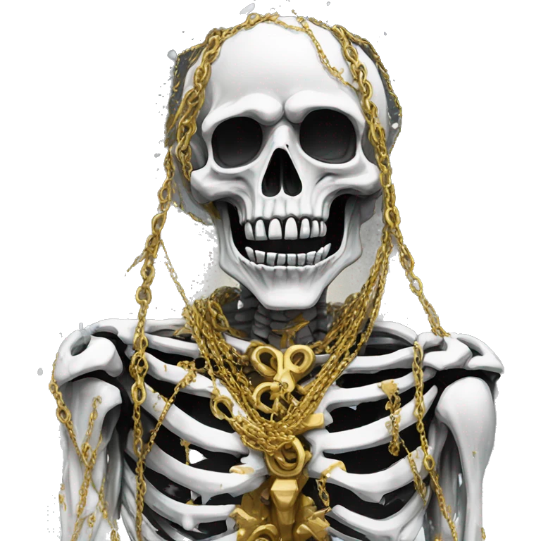 White skeleton zombie person covered in golden chains and black graffiti scribbles and red and silver doodles snowing snowflakes emoji