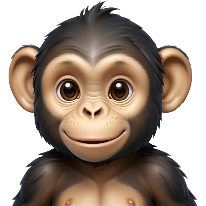 Cinematic Cute Chimpanzee Portrait Emoji, Head tilted playfully and inquisitively, with a smooth, expressive face accented by softly ruffled fur and round, sparkling eyes full of mischief, Simplified yet irresistibly adorable features, highly detailed, glowing with a warm, friendly glow, high shine, affectionate and lively, stylized with a touch of whimsical charm, soft glowing outline, capturing the essence of a mischievous yet loving chimpanzee that feels like it could leap out of the screen into your arms! emoji