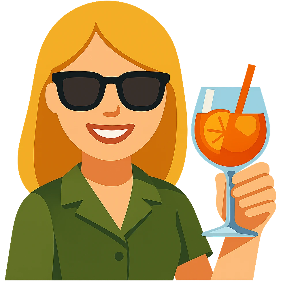 Add sunglasses to the Italian girl and make her hair dark blond, keep the Aperol Spritz and vibrant toon emoji style, with no background. emoji