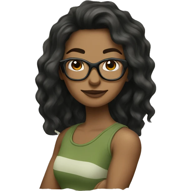 white skined woman with wavy long black hair with a olive green tank top with glasses tortoise  emoji