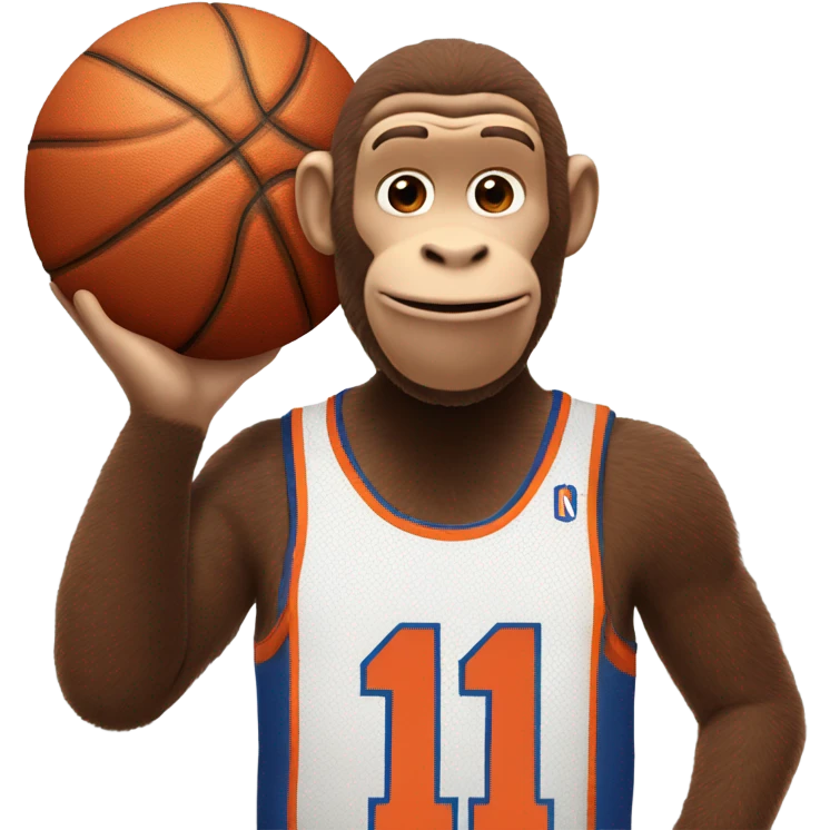 Curious George wearing a knicks jersey number 11, holding a basketball  emoji