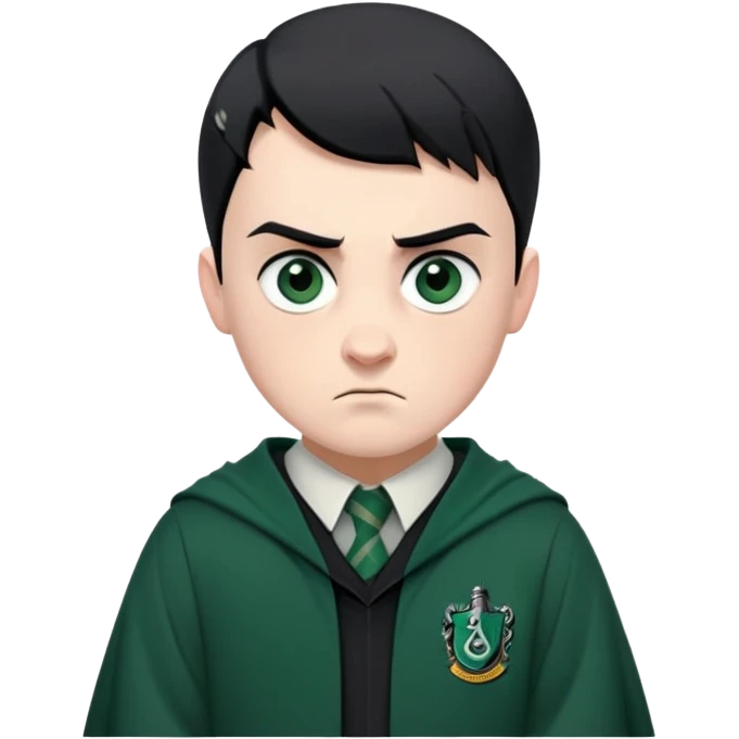 Jamie Yeates is Marcus Flint in harry potter, wear hogwarts slytherin uniform, short black hair, bulky face, often scowling or looking grumpy give him an intimidating presence emoji