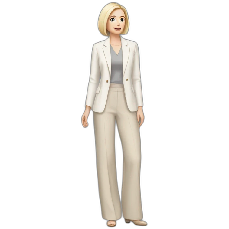 Full height Actively gesturing with hands pale skin woman with ash blonde Straightened bob Hair, White Spacious classical jacket, beige palazzo Arrow pants and gray blouse emoji
