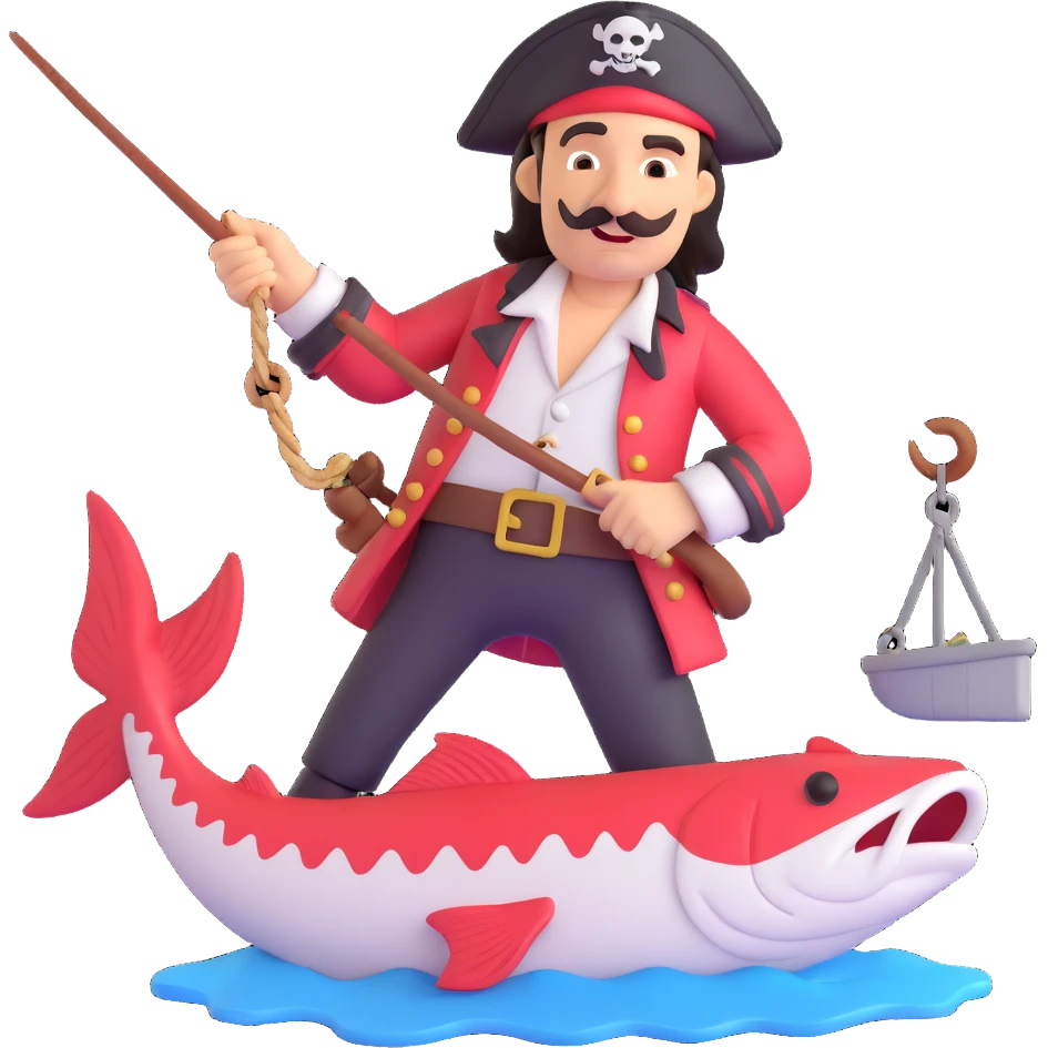 pirate captain reeling in a big fish, cheerful mood emoji