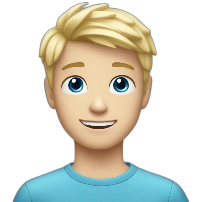 Blonde teen boy with medium short hair, blue eyes, waving hi to the camera emoji