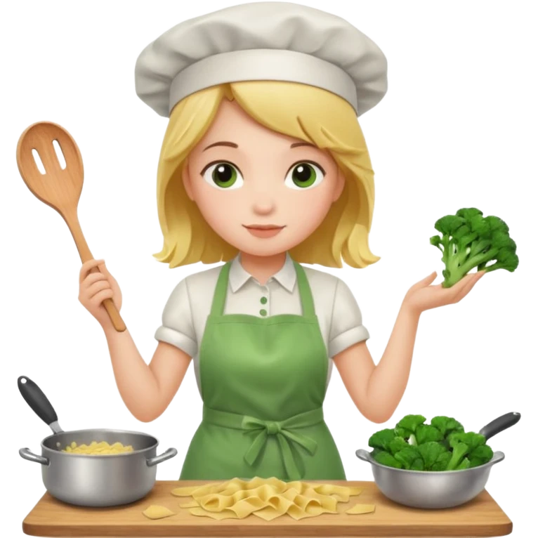Girl cooking pasta for the first time with broccoli emoji