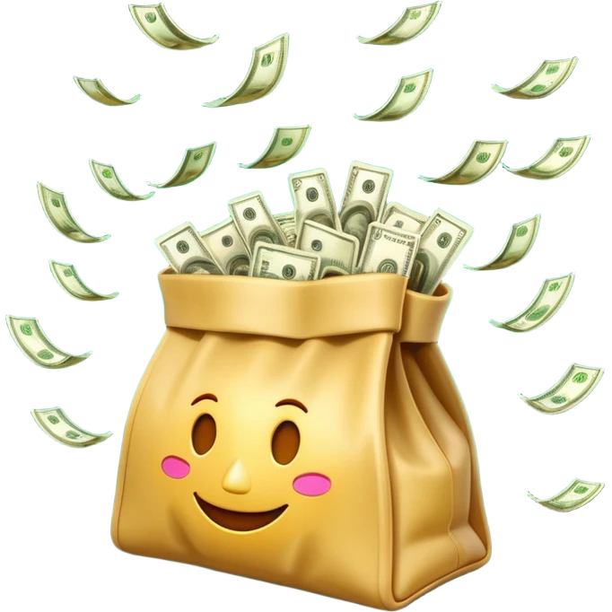 

3D emoji style, big bag of money, flying dollar bills, rich casino vibe, smooth lighting, high detail, clean edges, transparent background



 emoji